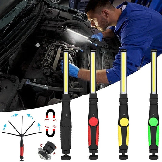 Bright Magnetic LED Worklight with adjustable light bar, 360-degree swivel base, and strong magnetic attachment for hands-free use