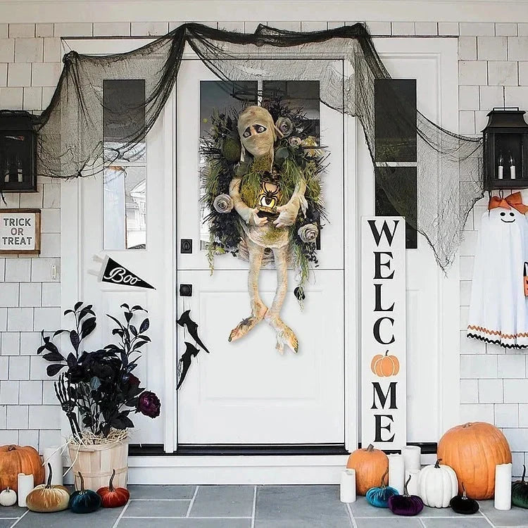 Mummy Halloween Wreath with realistic skeleton hands for door decoration
