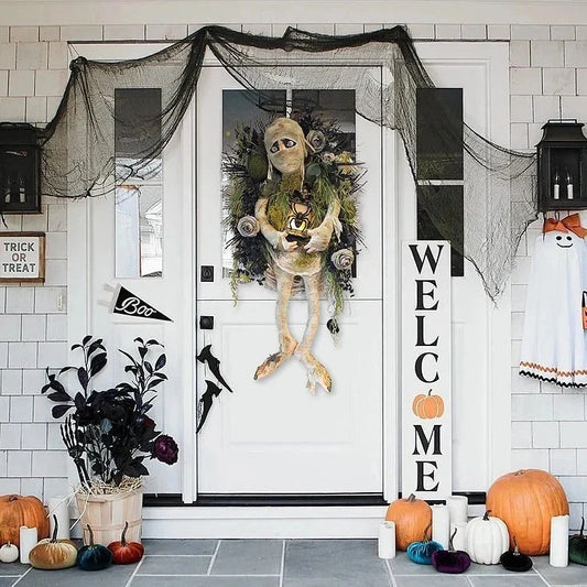 Mummy Halloween Wreath with realistic skeleton hands for door decoration