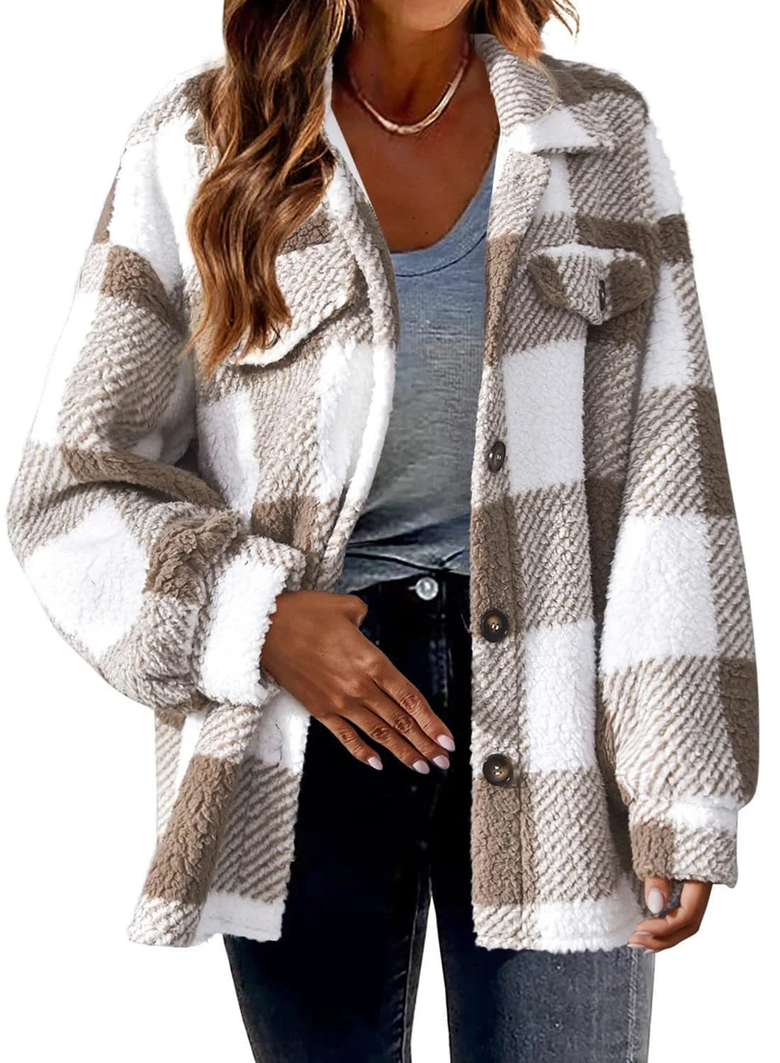 Women's striped loose fit plush coat in various colours