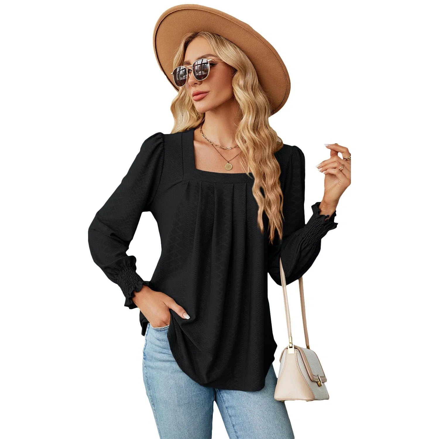 Jacquard pleated square neck T-shirt in various colours