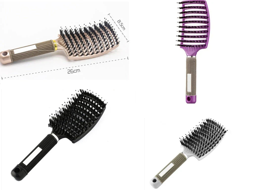 A premium hair brush with a sleek design, featuring soft bristles and a rounded massage function for healthy, detangled hair