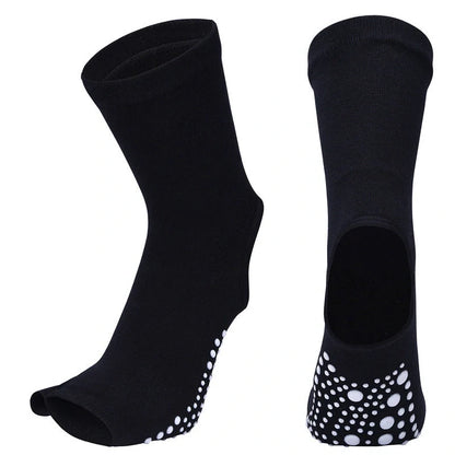 Premium non-slip yoga socks for women featuring split-toe design, jacquard knitting, and breathable combed cotton construction