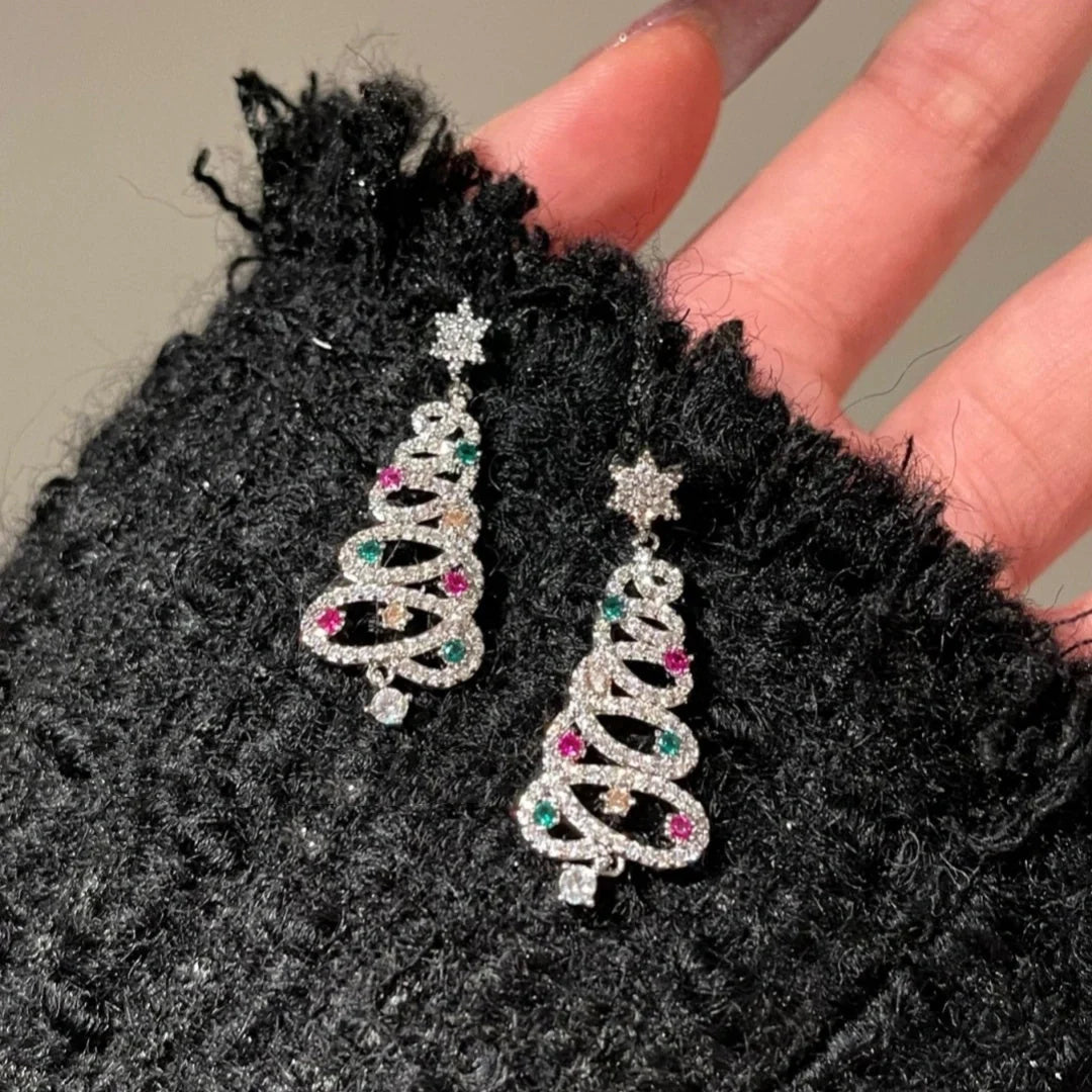 Women's Christmas Tree Tassel Earrings with colourful zircon inlays