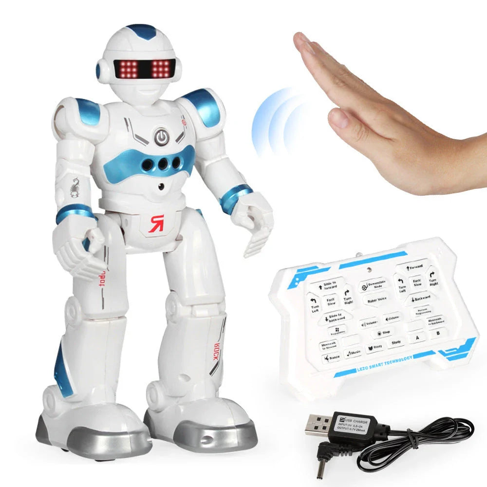 Remote-controlled dancing robot toy with gesture-sensing controls, preprogrammed songs and dances, and customizable programming capabilities