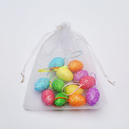 Colorful DIY Easter egg hanging decorations in various sizes and styles, perfect for springtime displays and celebrations.