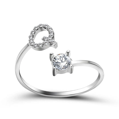 Customizable adjustable ring with 26 letters for women, featuring zircon stones and copper alloy construction