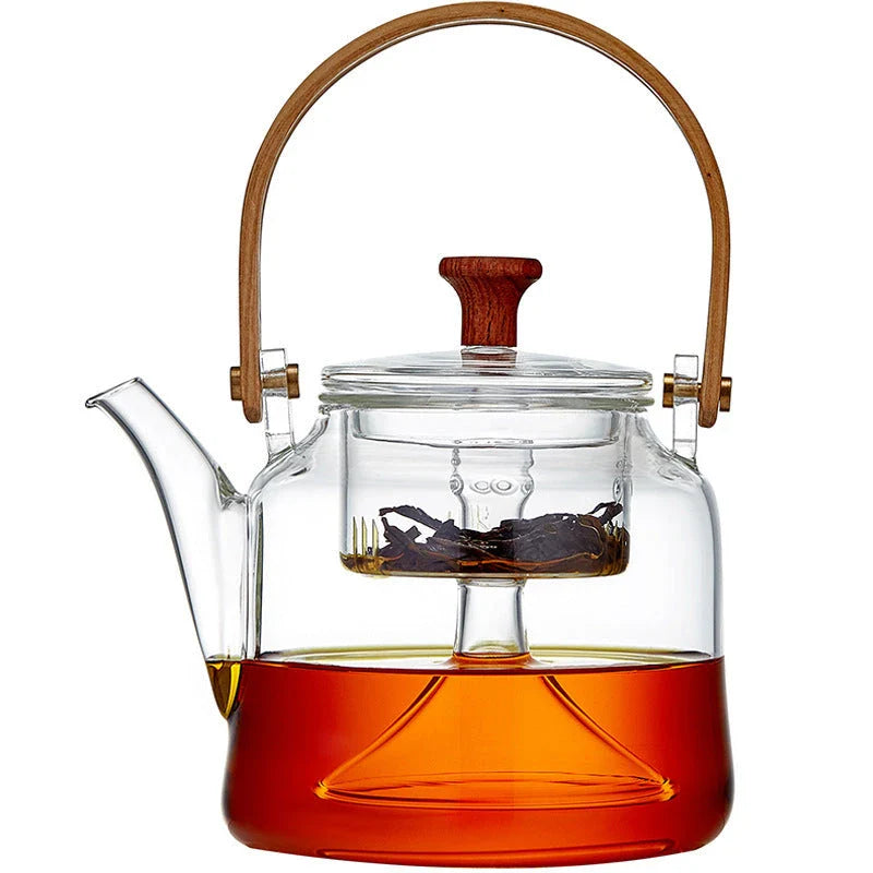 Elegant Japanese-style glass teapot with bamboo handle, perfect for brewing loose-leaf teas