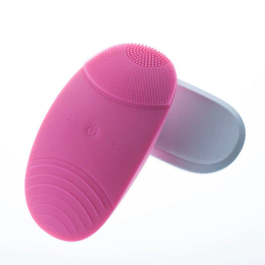 A rose red, ultrasound-powered facial cleansing device with adjustable gear positions for customised power and convenience.