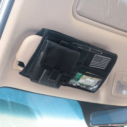 Premium car sun visor organiser with multiple storage compartments for CDs, documents, and other driving essentials