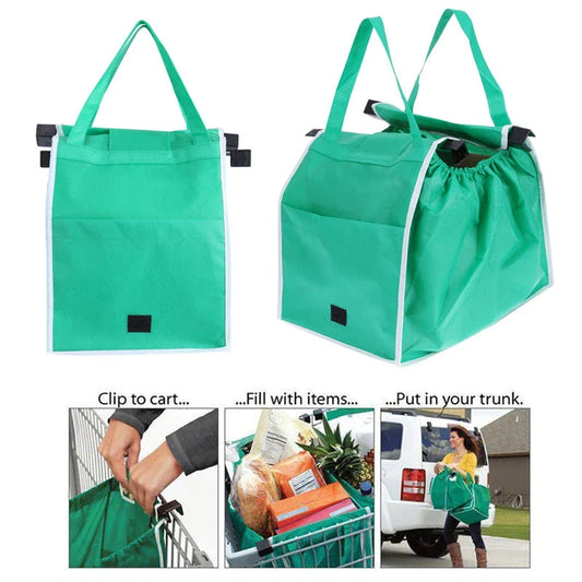 Reusable eco-friendly folding shopper bag in green colour, with generous front pocket and durable, mold-resistant construction