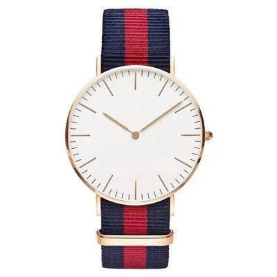 Nylon strap watch with round dial and quartz movement available in ten colours