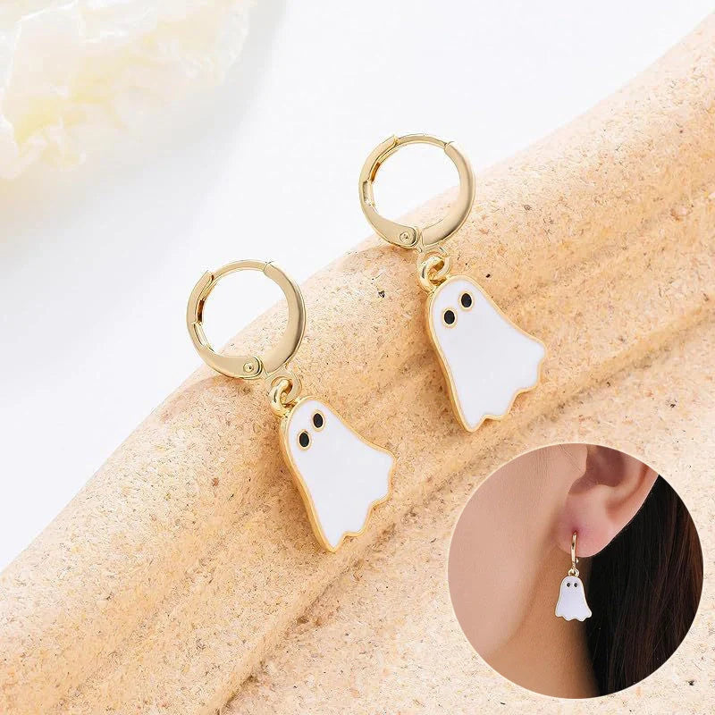 Gold plated Halloween ghost huggie hoop earrings for women, hypoallergenic and stylish