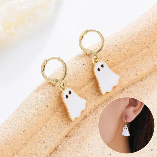 Gold plated Halloween ghost huggie hoop earrings for women, hypoallergenic and stylish