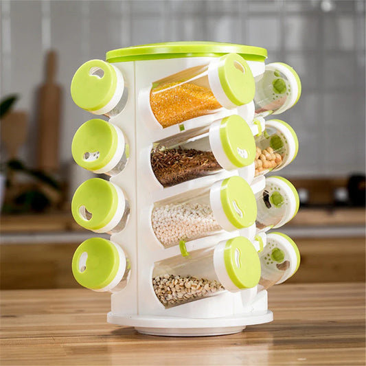 Premium rotating spice rack with 16 individual compartments for storing various spices, herbs, and seasonings