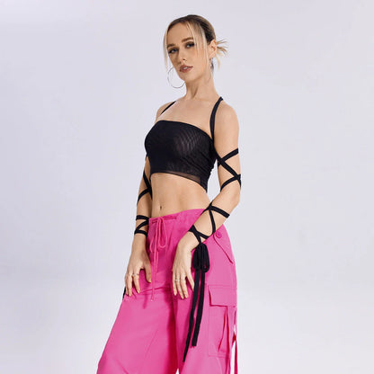 Stylish women's tank top with elastic cross-arm straps, available in black color