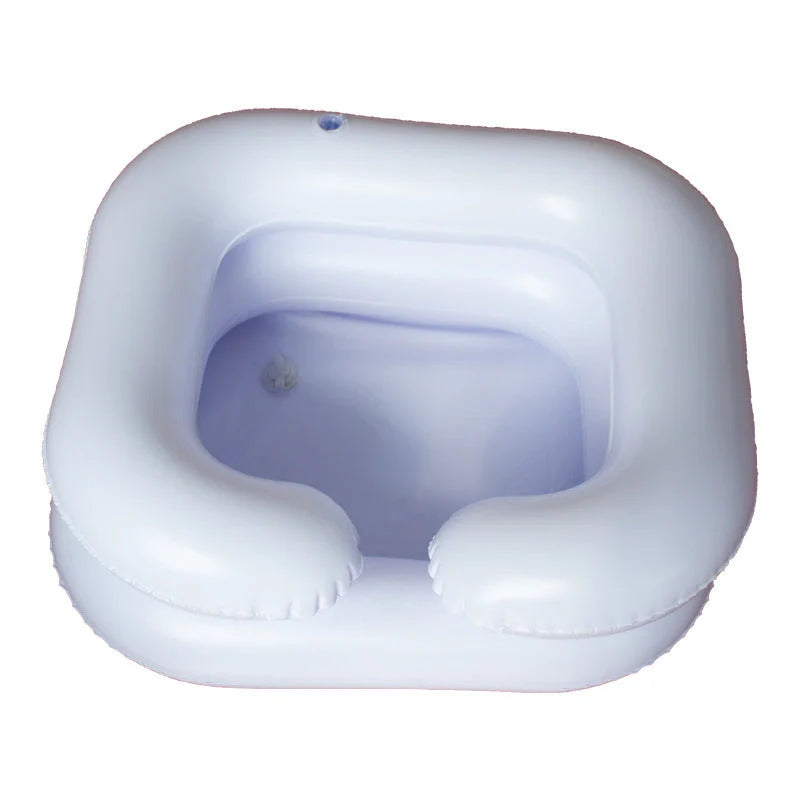 Inflatable Shampoo Basin for elderly care, white and black options, includes drain