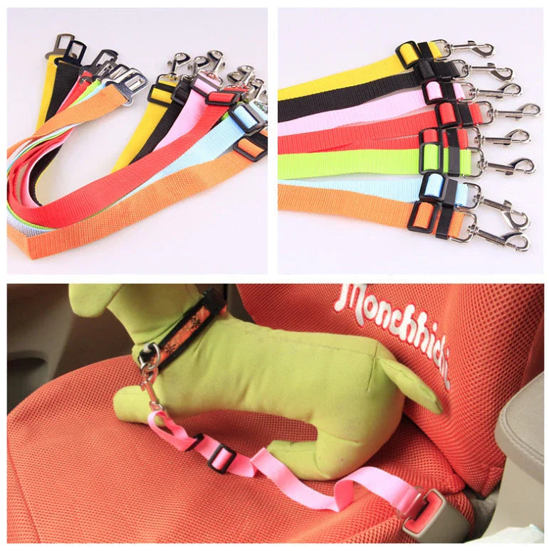 Adjustable dog seatbelt made of durable nylon material with heavy-duty hardware for secure pet travel