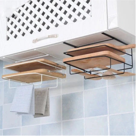 Double layer iron kitchen towel rack for durable storage of chopping boards and rags