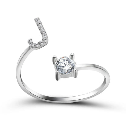 Customizable adjustable ring with 26 letters for women, featuring zircon stones and copper alloy construction