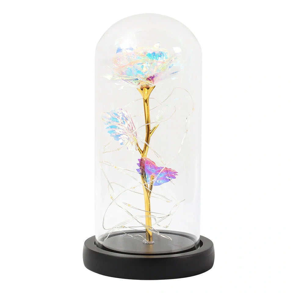 Enchanted Forever Rose in Glass LED Light decoration with realistic rose and wooden base