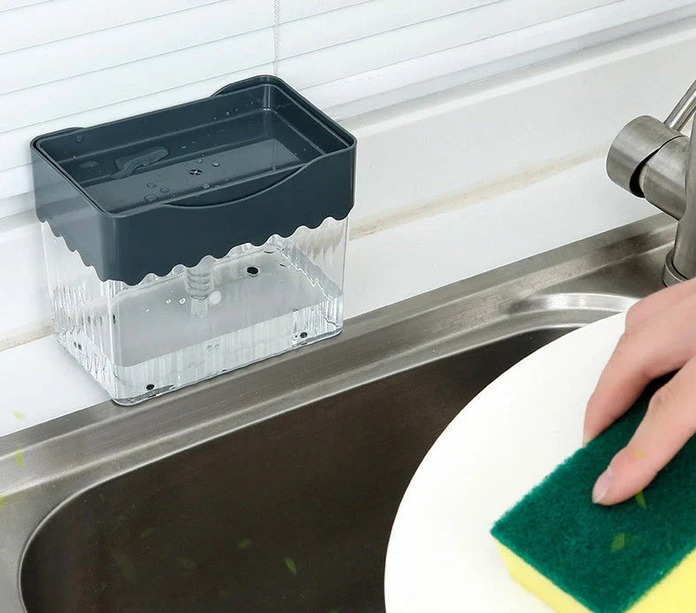 Sleek 2-in-1 soap dispenser and sponge caddy with push-button operation, modern design, and large 380ml capacity