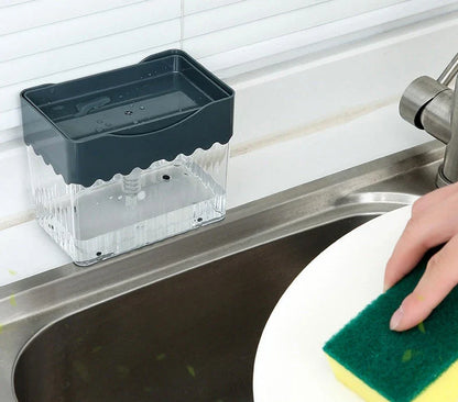 Sleek 2-in-1 soap dispenser and sponge caddy with push-button operation, modern design, and large 380ml capacity