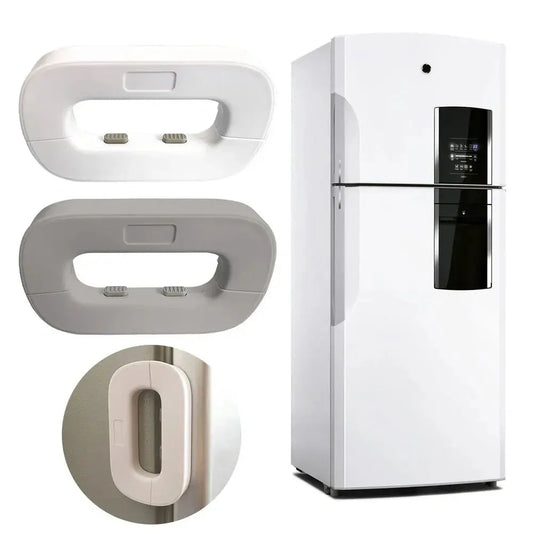 White and grey toddler safety lock for refrigerator doors with easy one-handed operation