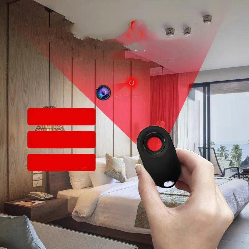 Compact, portable hidden camera detector device with infrared scanning technology to find hidden cameras in hotel rooms and other locations