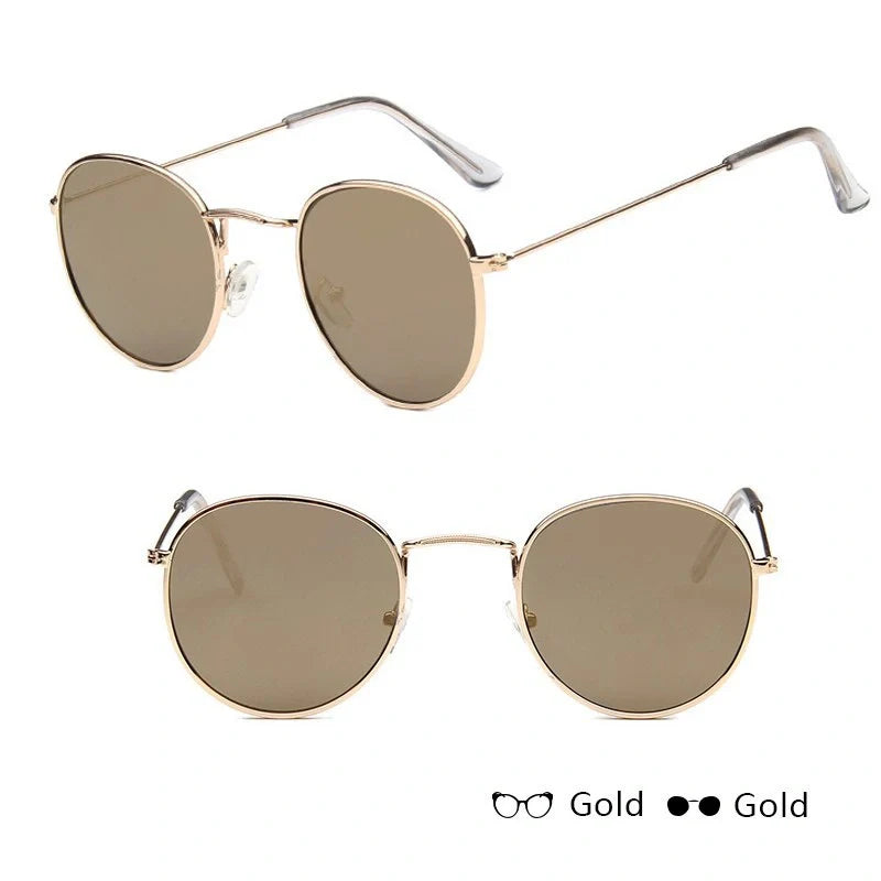 Women's retro metal sunglasses with round frame in gold and silver options