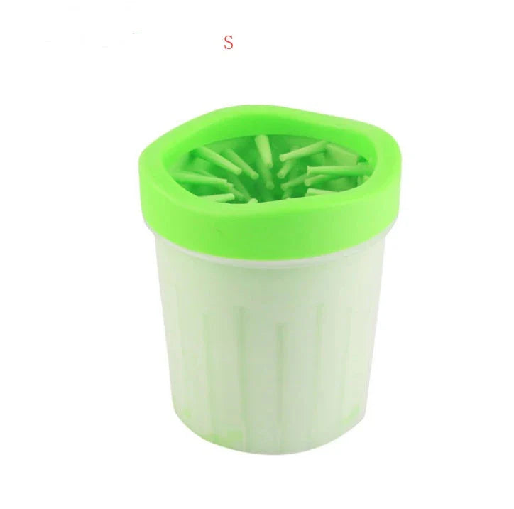 Silicone Dog Paw Washer Cup in various colors and sizes, featuring soft bristles for gentle cleaning.