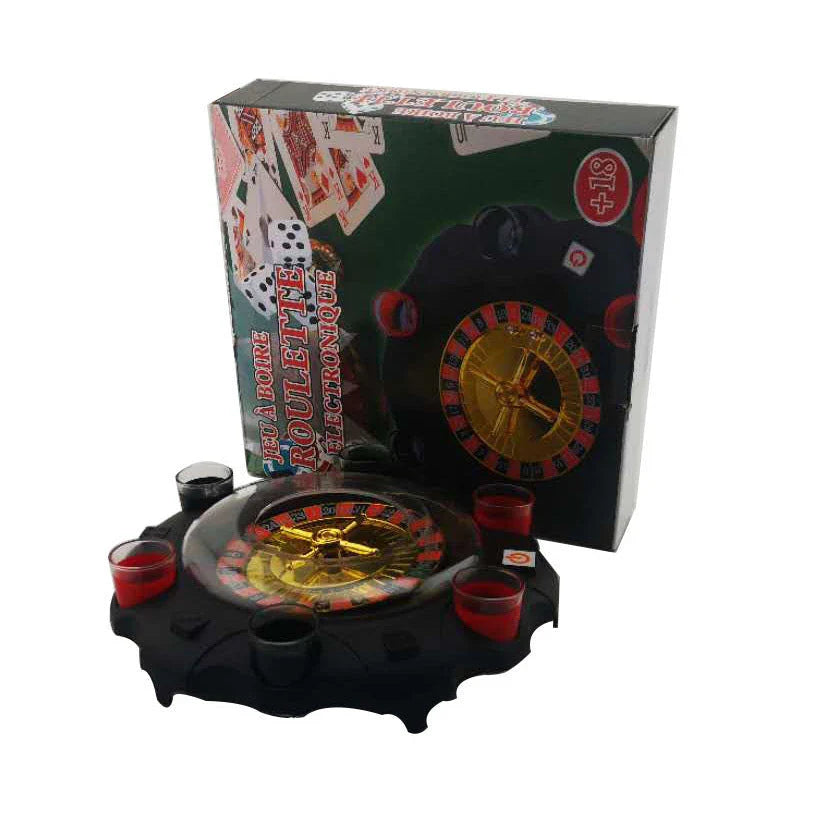 Elegant acrylic and glass roulette game set with spinning wheel and shot glasses, perfect for lively social gatherings