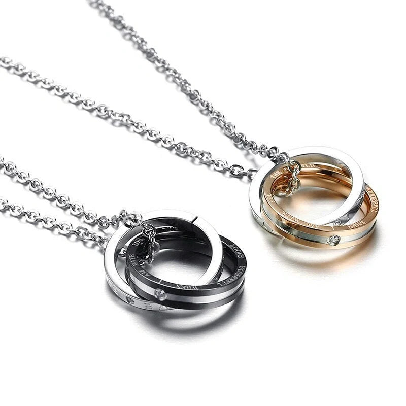 Stainless steel couple necklace with black men's and rose gold women's versions
