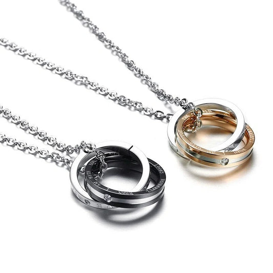Stainless steel couple necklace with black men's and rose gold women's versions