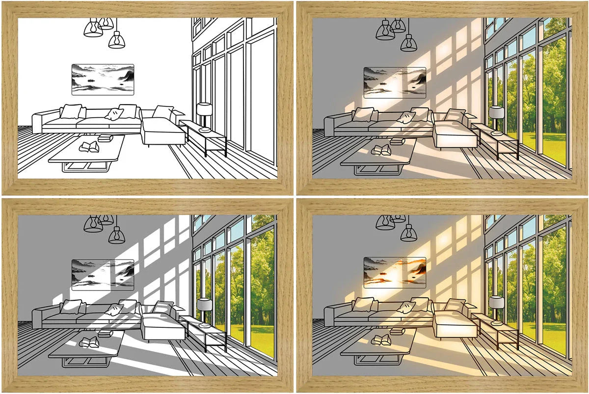 Illuminating LED picture light with customizable lighting modes, showcasing various nature scenes and cityscapes