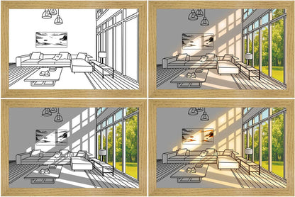 Illuminating LED picture light with customizable lighting modes, showcasing various nature scenes and cityscapes