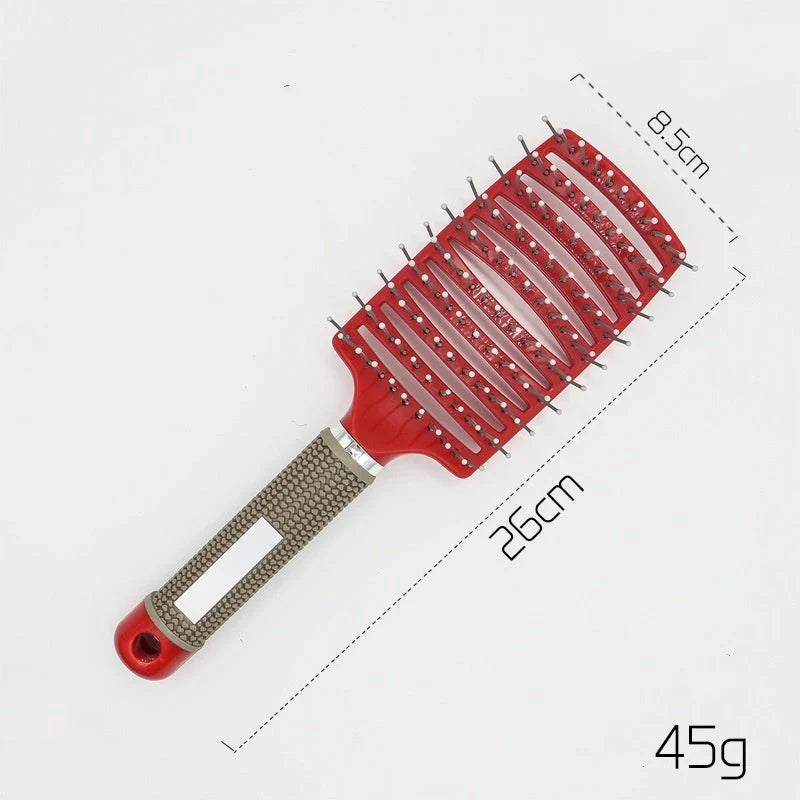 A premium hair brush with a sleek design, featuring soft bristles and a rounded massage function for healthy, detangled hair