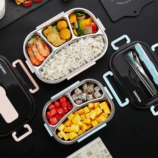 Dielectric insulated lunch box in green, blue, pink, and black with stainless steel interior