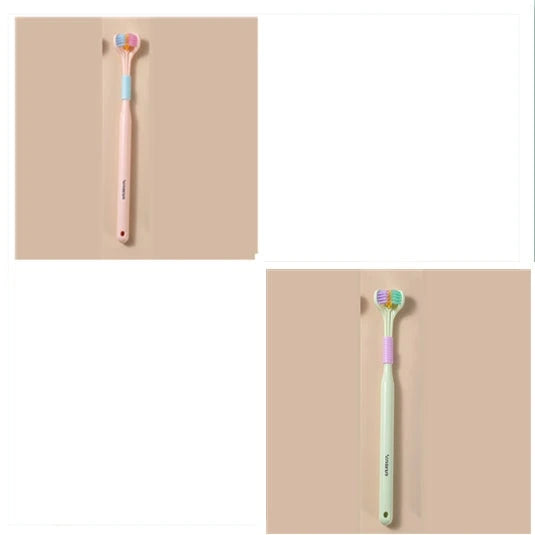 Soft bristle toothbrush with 3-sided brush head for thorough dental cleaning