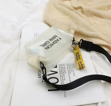 Transparent square fashion shoulder bag with adjustable strap and internal phone compartment