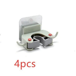 Adhesive wall-mounted mop and broom holder with double hooks for storing cleaning tools, available in multiple colors.