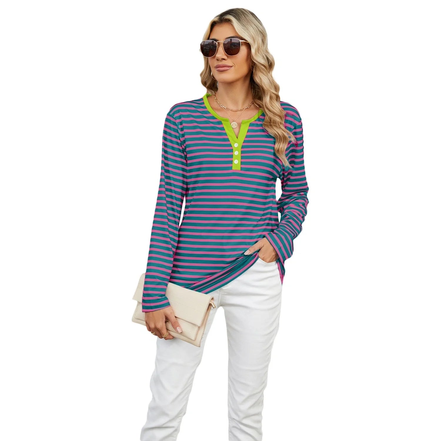 Women's V-neck striped loose long-sleeved t-shirt top in various colours