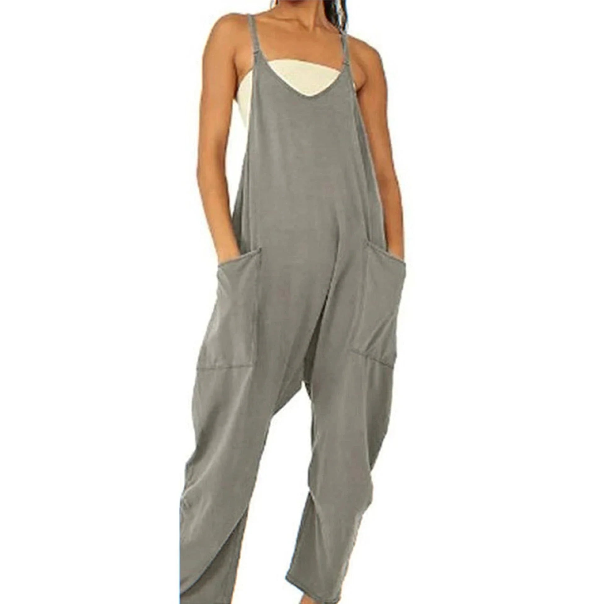 Sleeveless jumpsuits for women in a variety of colors, including black, gray, green, brown, orange-red, light blue, purple, and dark gray