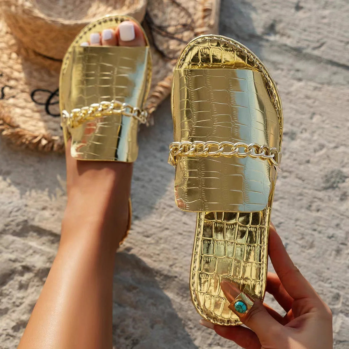 Stylish chain-embellished summer sandals for women featuring a comfortable artificial PU upper and durable rubber soles in a variety of chic colours
