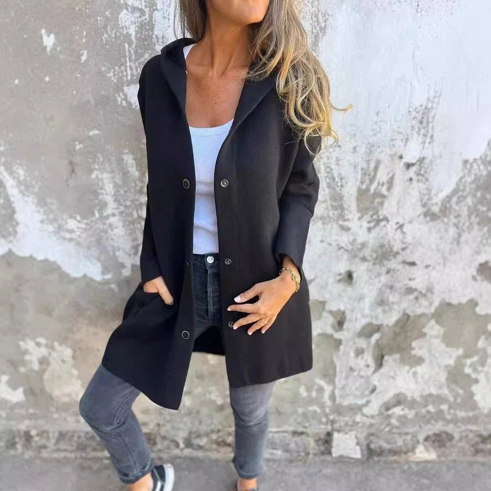 A stylish hooded cardigan jacket in various colors, featuring a single-breasted design and adjustable hood for versatile fashion.