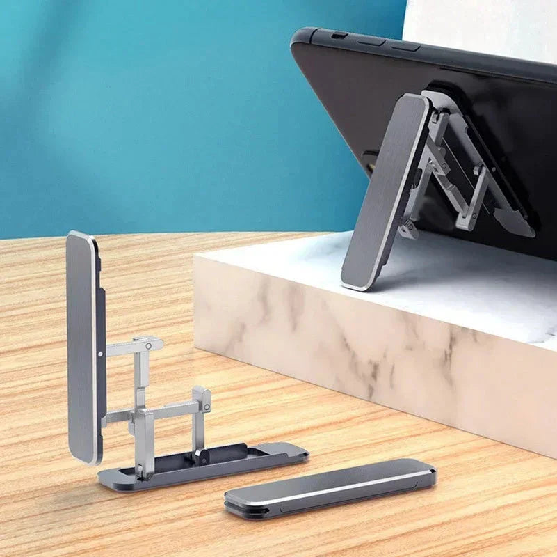 Premium aluminum alloy folding smartphone stand with adjustable viewing angle and one-second unfolding design