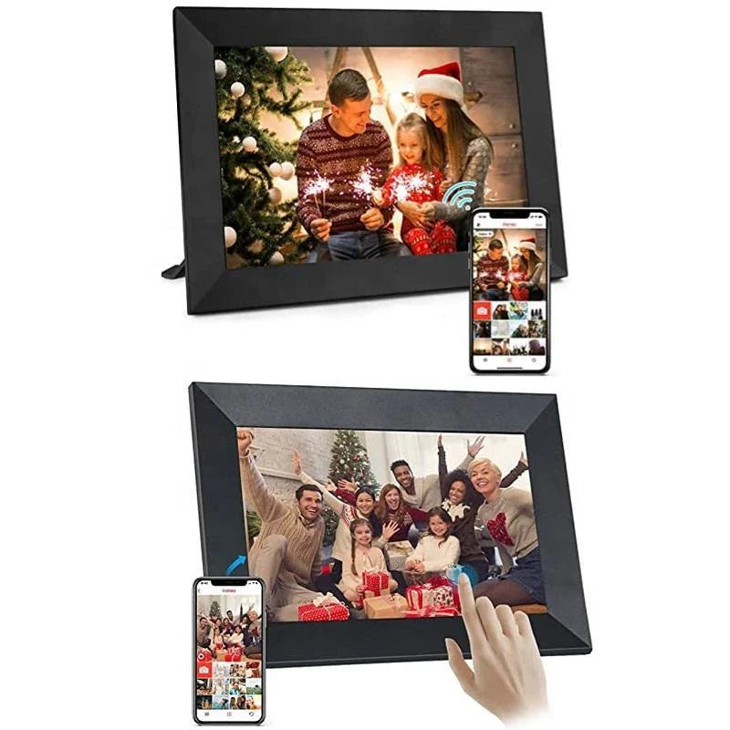 Smart WiFi digital photo frame with rotating display, high-resolution IPS-LCD screen, and seamless photo sharing capabilities