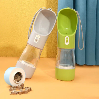 Portable pet water bottle and food bowl made of durable plastic, available in multiple colors for outdoor adventures with your furry friend.