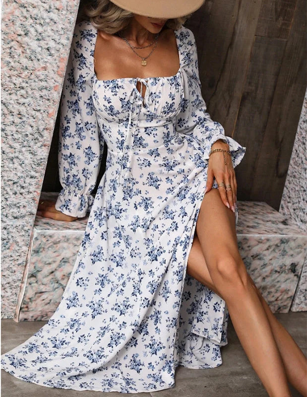 Floral Long Sleeve Swing Dress with Square Neckline and Slit - A stylish and versatile British-inspired women's clothing piece
