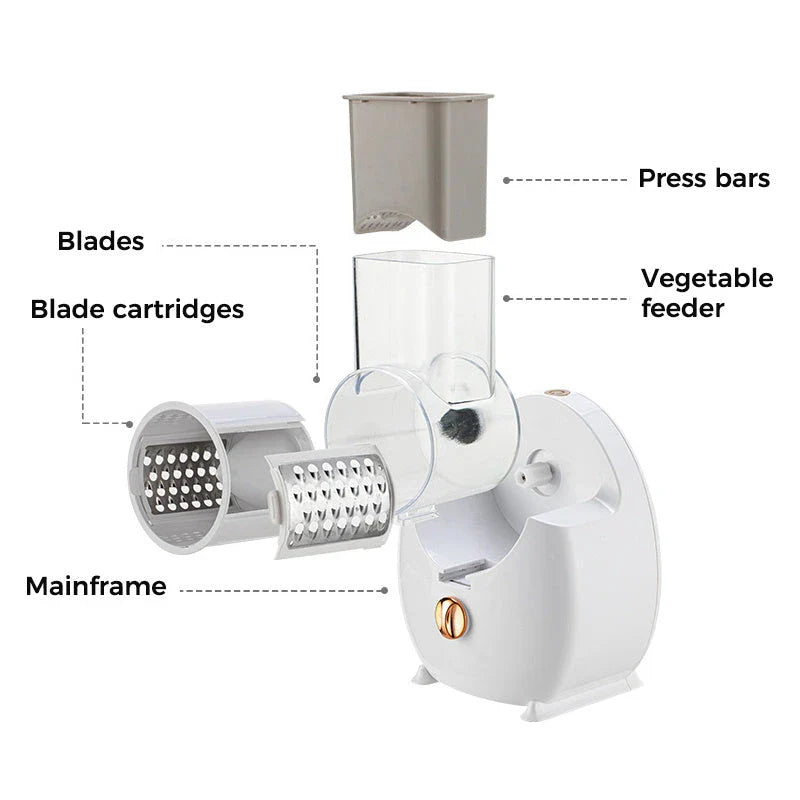 Electric Vegetable Slicer with Interchangeable Blades, Suction Base, and Compact Design for Efficient Meal Prep